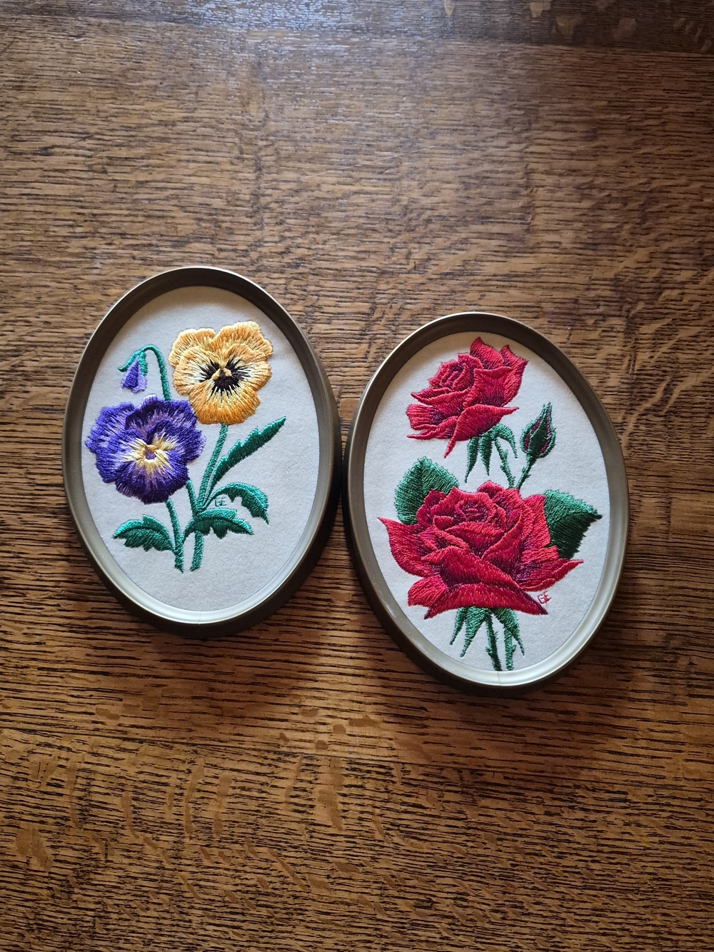 Vintage Embroidered Floral Wall Art Pair — Red Rose & Purple/Yellow Pansy